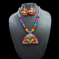 Akruti Collection Ethnic Oxidised Plated Parrot Design Necklace Set For Navratri