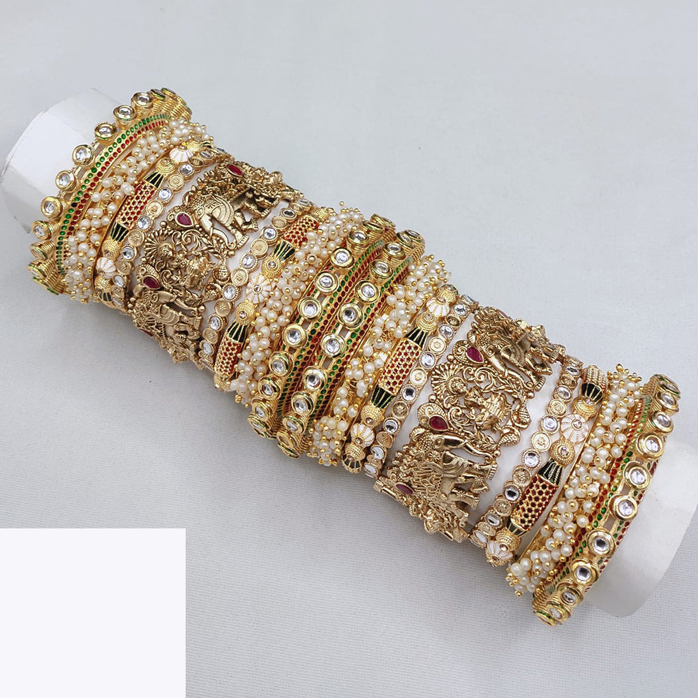 Akruti Collection Antique Gold Bridal Bangle Set With Goddess Motifs , Kundan And Pearl Perfect For Ethnic Wear
