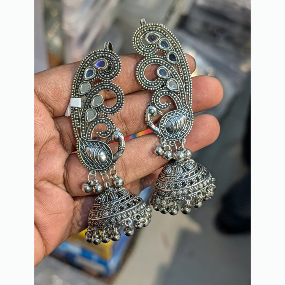 Akruti Collection Unique Oxidised Jhumki EarCuffs With Peacock Motif For Navratri Night
