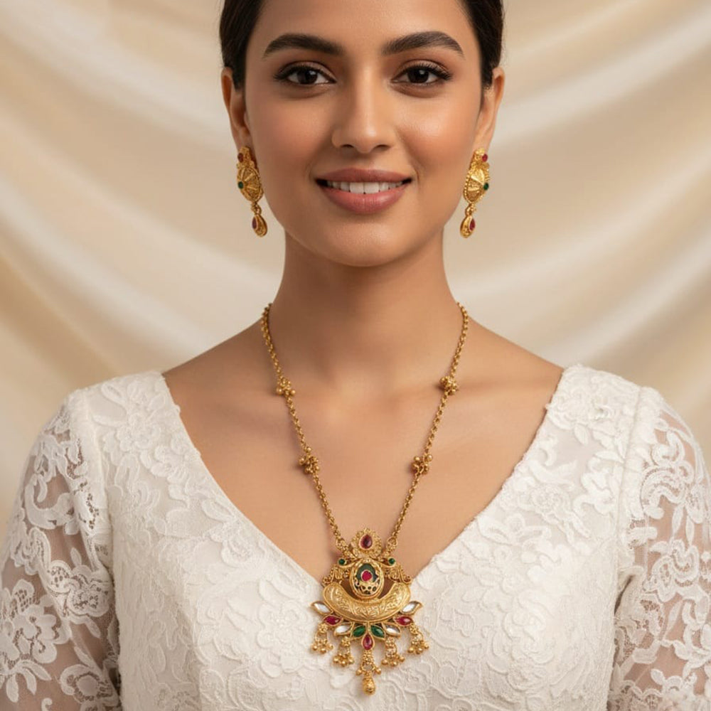 Akruti Collection Designer Pota Stone And Pearl Necklace Set