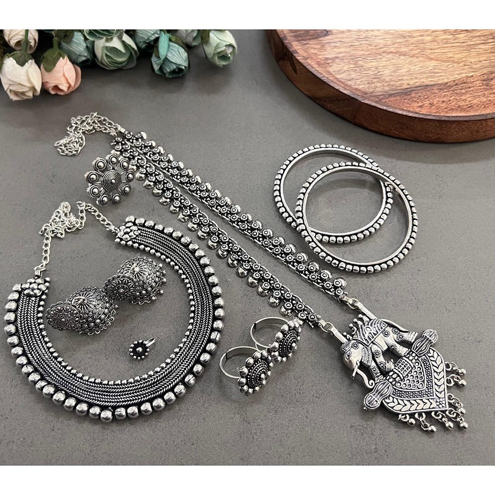 Akruti Collection Royal Oxidised Plated Ethnic Combo Set