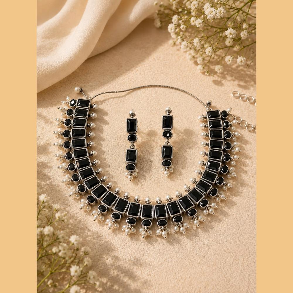 Akruti Collection Beautiful Oxidised Pota Stone And Pearl Jewellery Set
