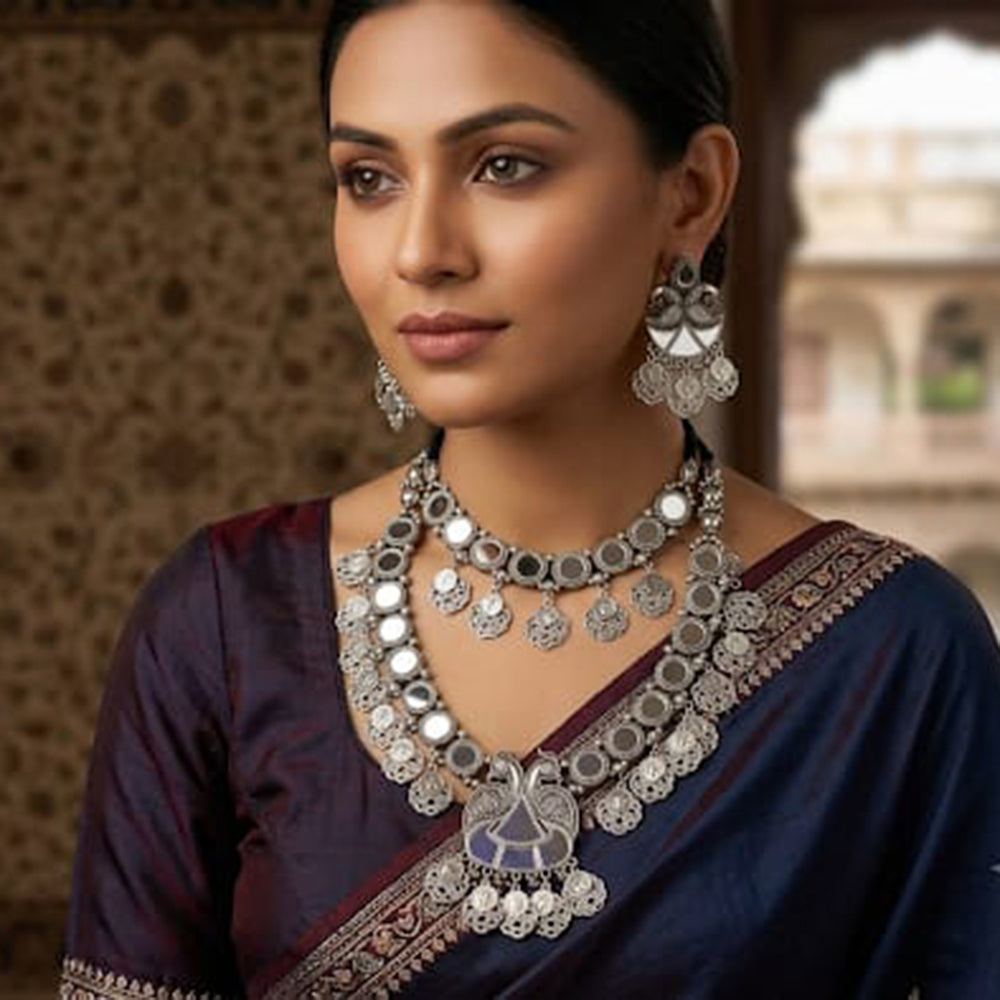 Akruti Collection Traditional Oxidised Plated Mirror Double Necklace Set