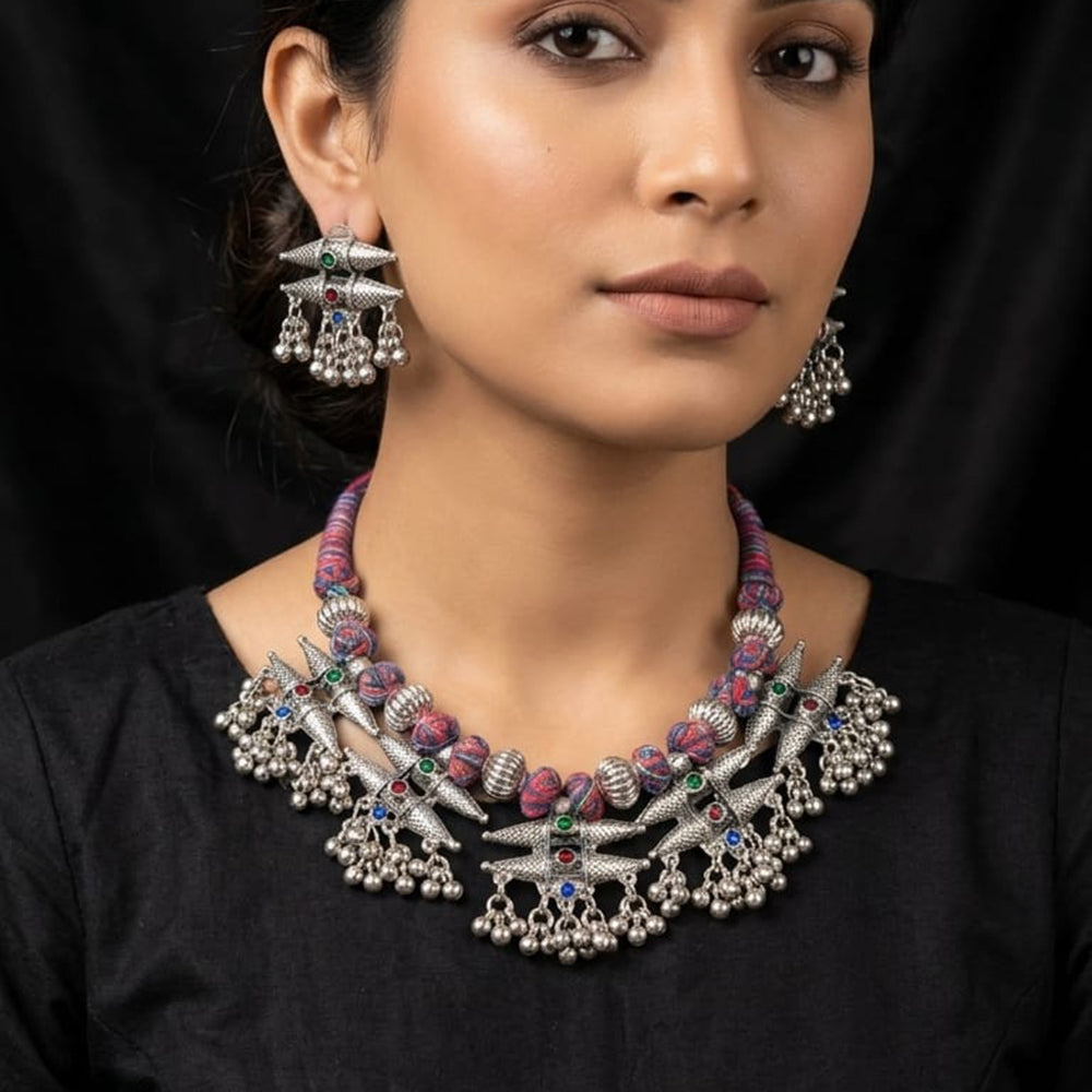 Akruti Collection Timeless Oxidised Plated Pota Stone Necklace Set