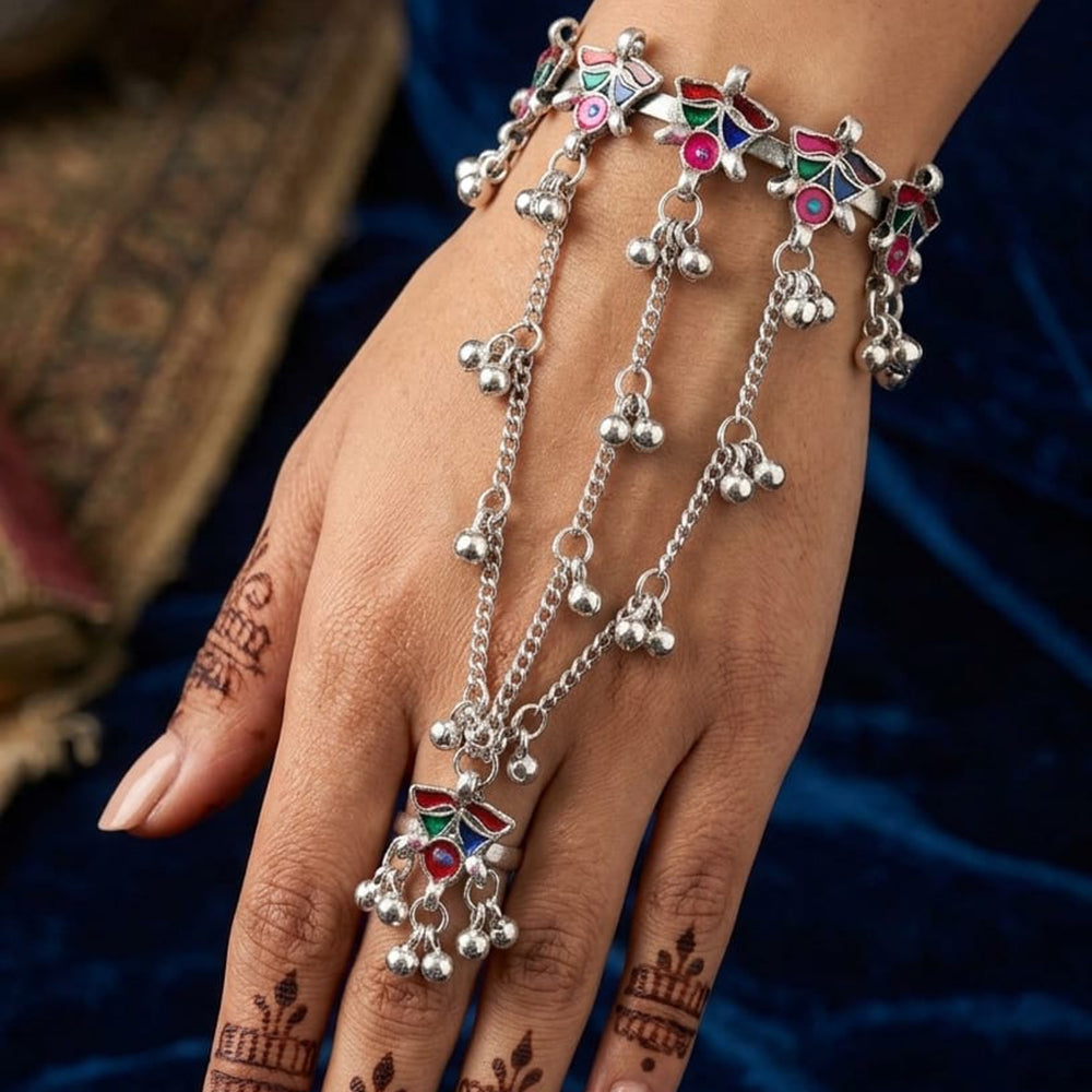 Akruti Collection Ethnic Oxidised Meenakari Ghungroo Hath Panja Jewellery