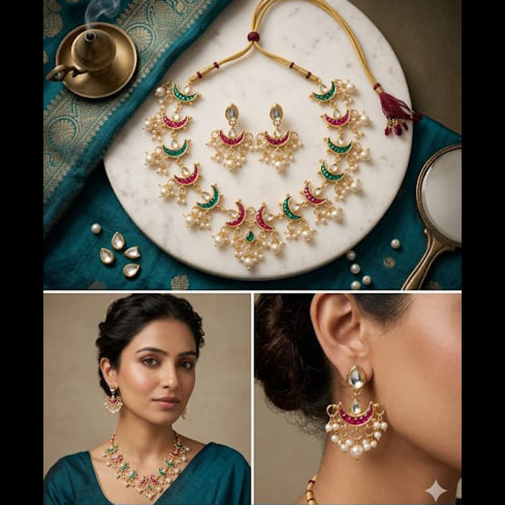 Palak Art Premium Kundan Stone And Pearl Necklace Set (Pack of 3)