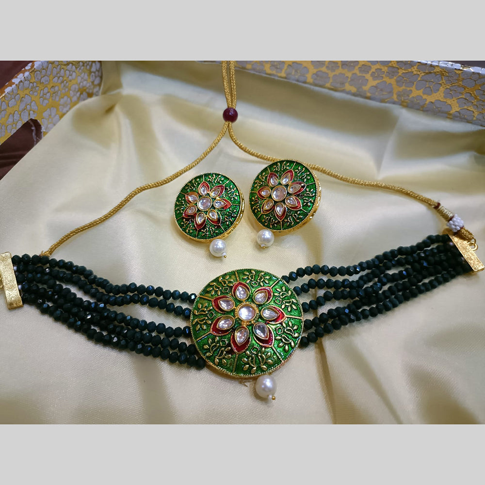 Exotica Collection Gold Plated Kundan Stone And Beads Meenakari Choker Necklace Set