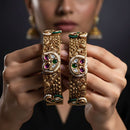 Jewel Addiction Vintage Style Pota Stone And Pearl Openable Bangles Set