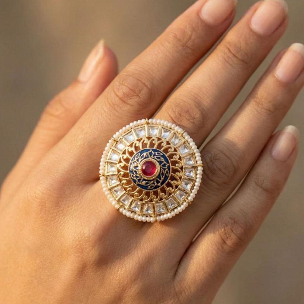 Jewel Addiction Pota Stone Meenakari And Pearl Designer Finger Ring