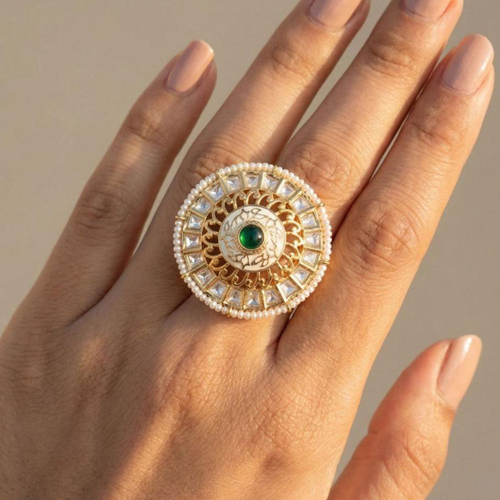 Jewel Addiction Pota Stone Meenakari And Pearl Designer Finger Ring