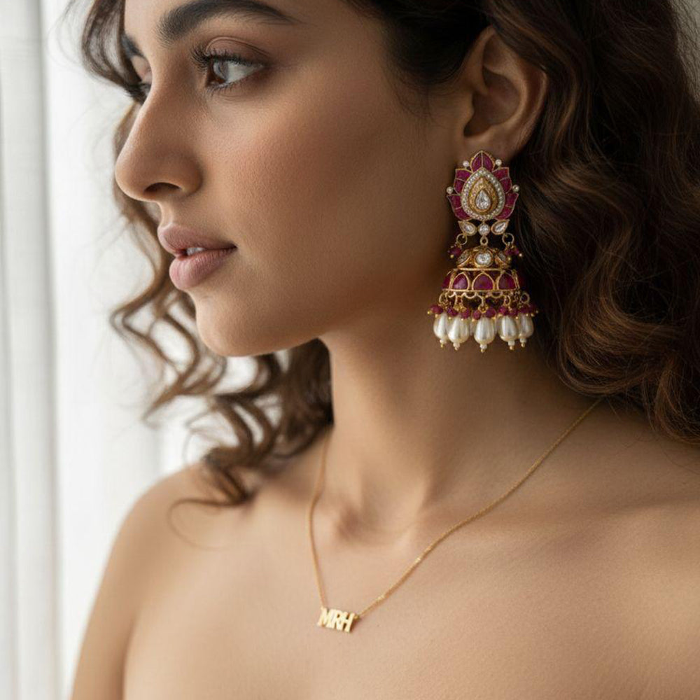 Jewel Addiction Ethnic Designer Pota Stone Beads And Pearl  Jhumki Earrings