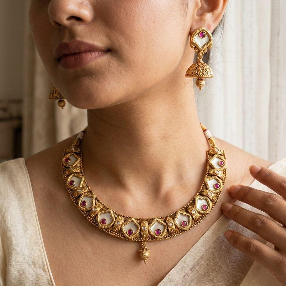 Jewel Addiction Premium Pota Stone Beads And Pearl Necklace Set