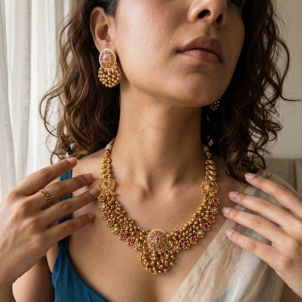 Jewel Addiction Premium Pota Stone And Pearl Necklace Set