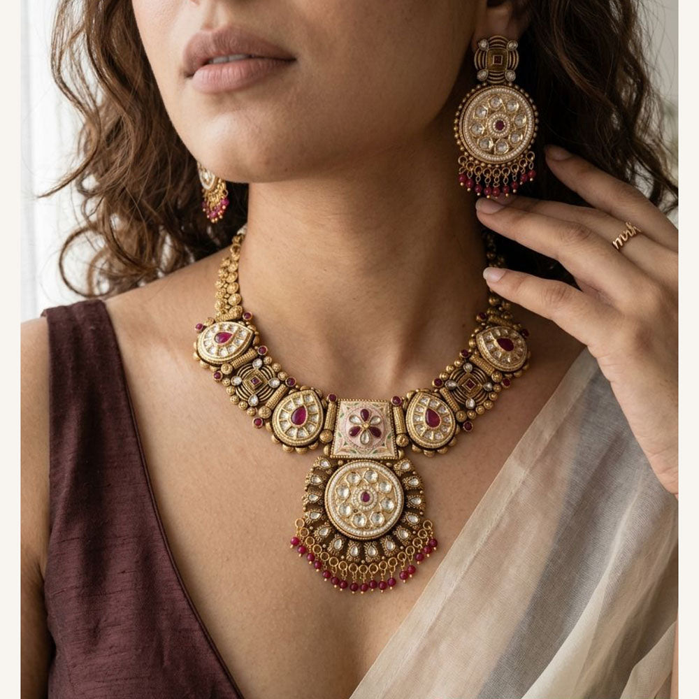 Jewel Addiction Luxury Pota Stone And Pearl Meenakari Necklace Set