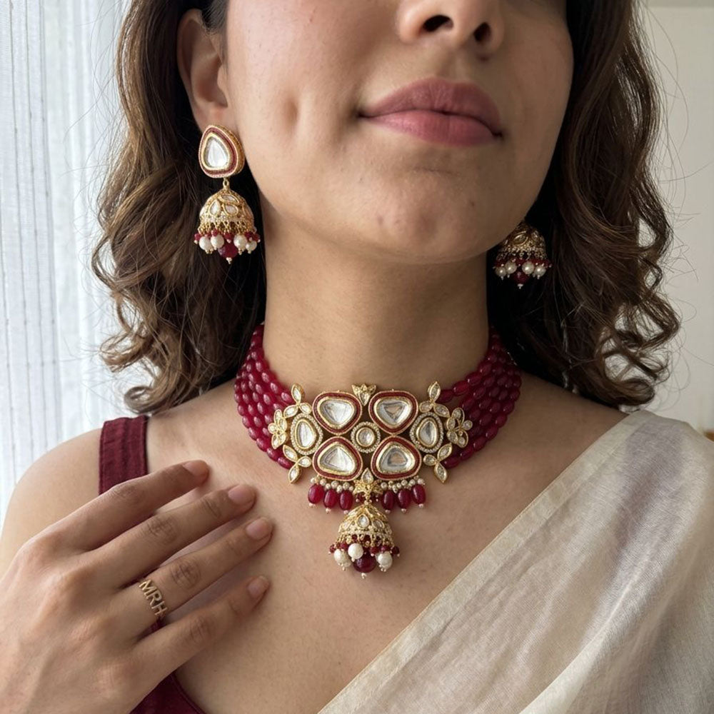 Jewel Addiction Heavy Look Kundan Stone And Beaded Choker Necklace Set
