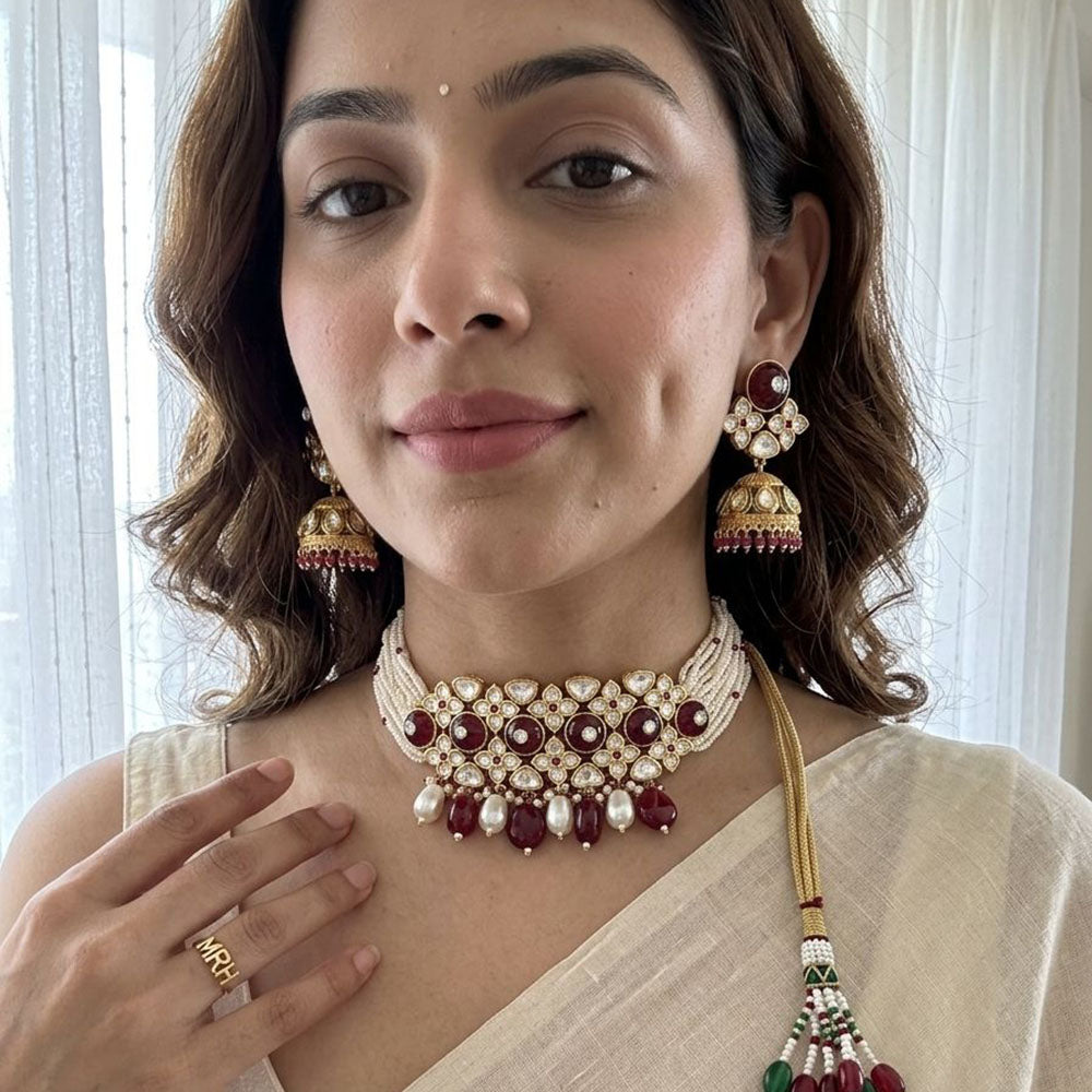 Jewel Addiction Heavy Look Kundan Stone And Beaded Choker Necklace Set