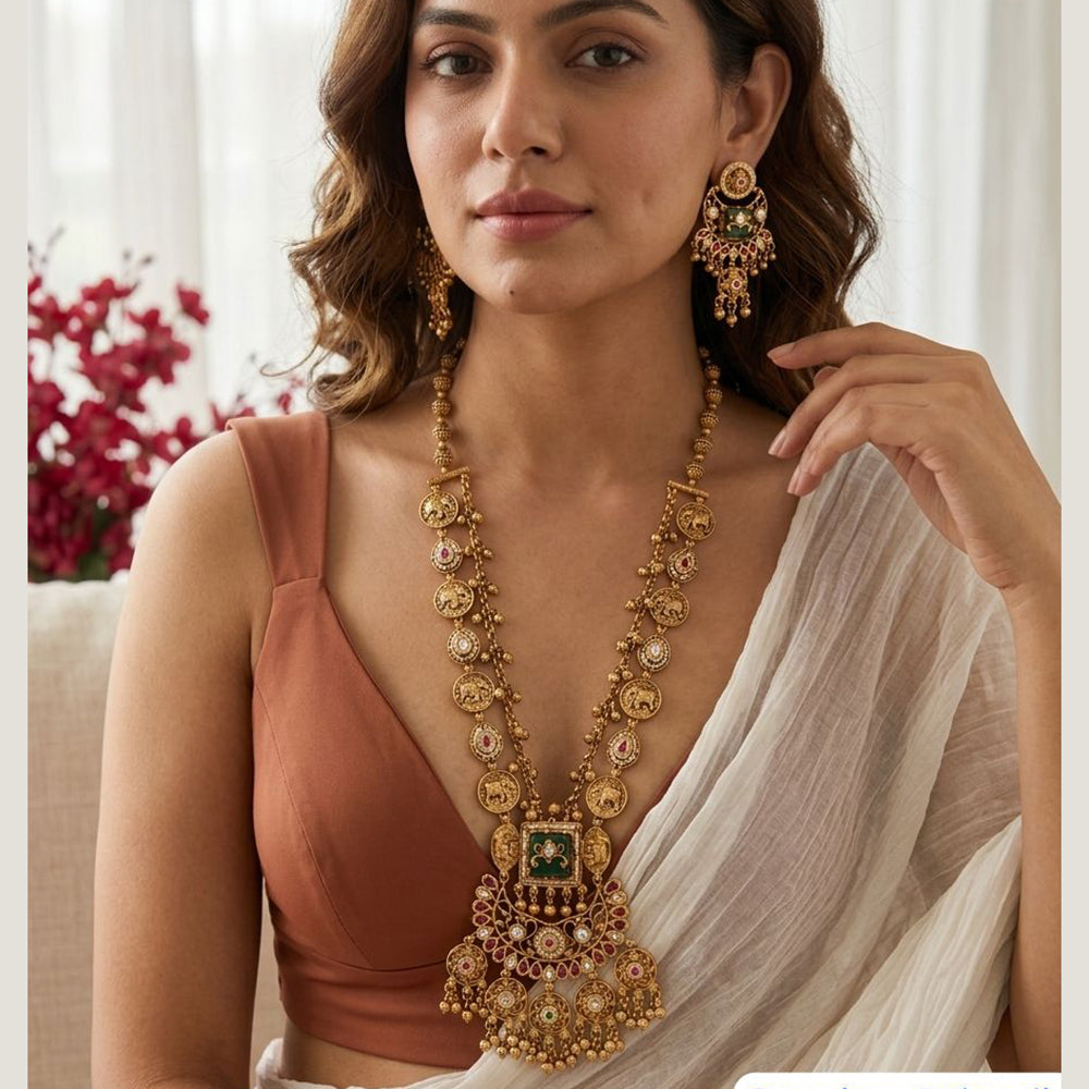 Jewel Addiction Ethnic Pota Stone And Pearl Long Necklace Set