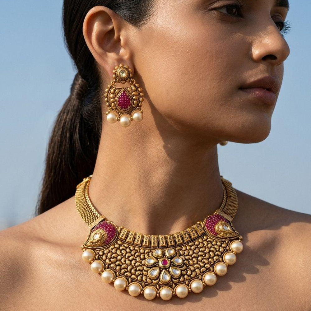 Jewel Addiction Ethnic Pota Stone And Pearl Long Necklace Set