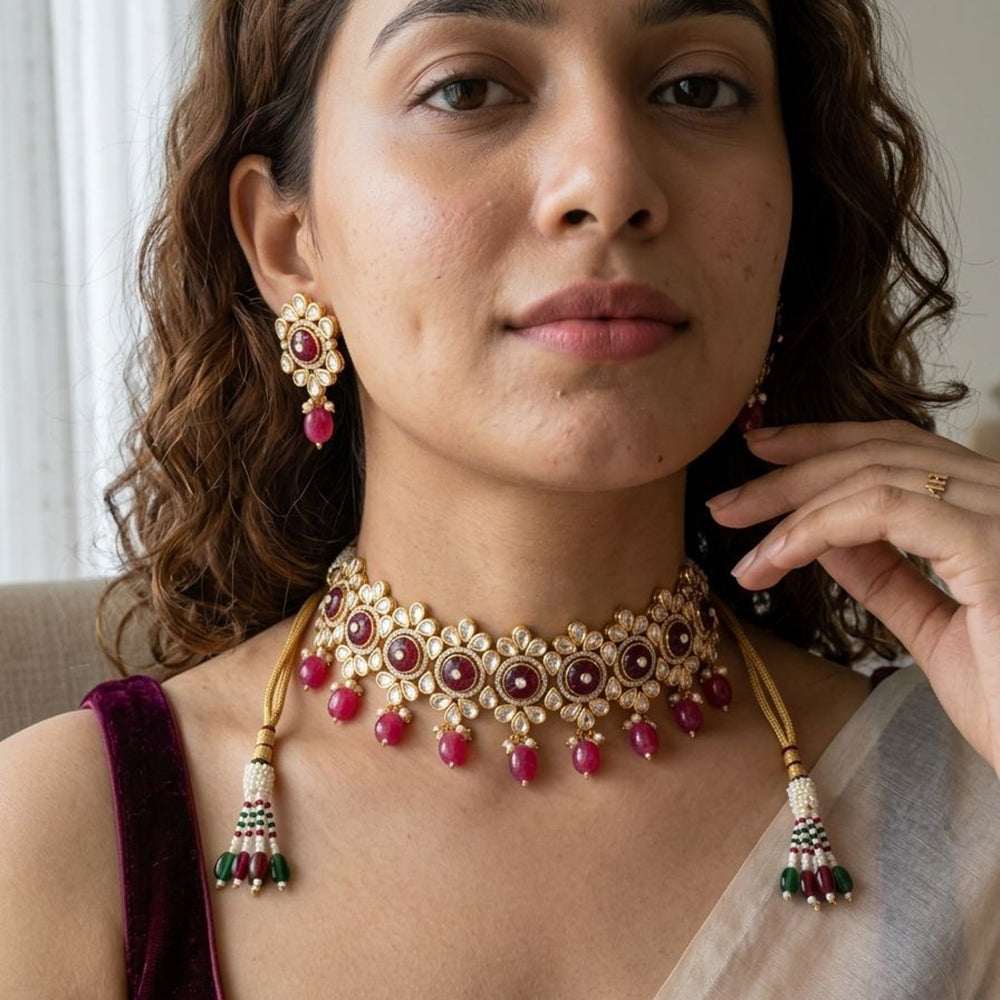 Jewel Addiction Polki Kundan Stone And Beads Choker Necklace Set
