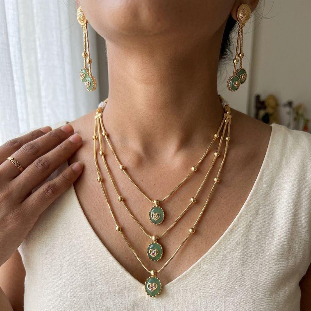 Jewel Addiction Ethnic Pota Stone And Pearl Triple Layer Necklace Set