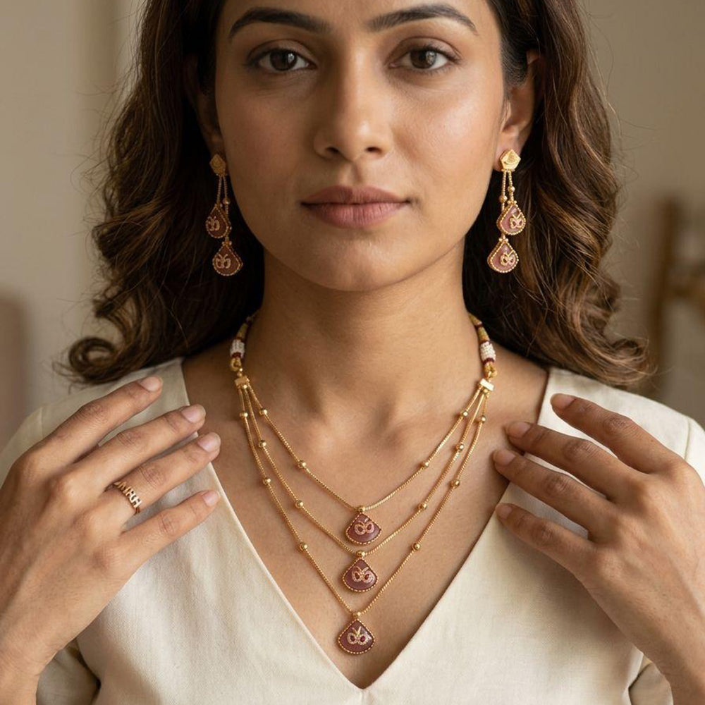 Jewel Addiction Ethnic Pota Stone And Pearl Triple Layer Necklace Set