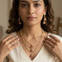 Jewel Addiction Ethnic Pota Stone And Pearl Triple Layer Necklace Set