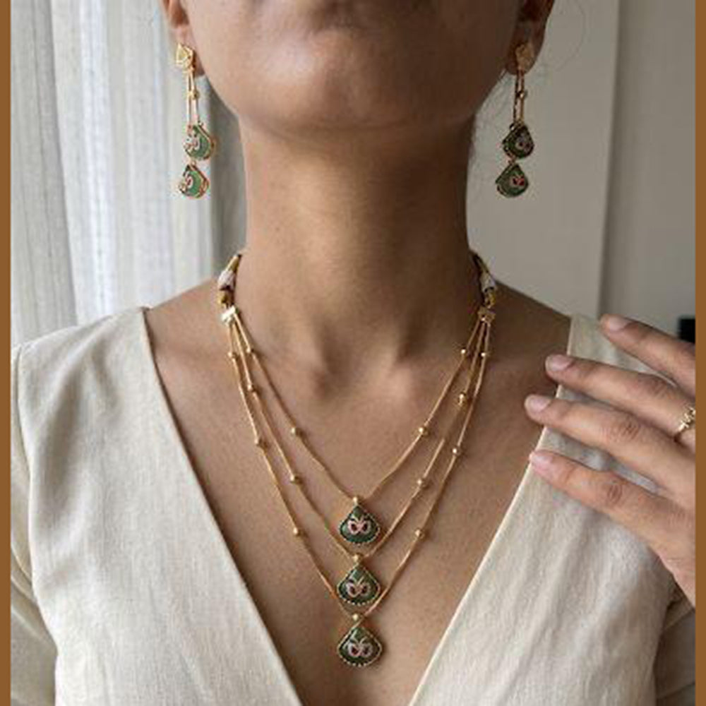 Jewel Addiction Ethnic Pota Stone And Pearl Triple Layer Necklace Set