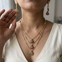 Jewel Addiction Ethnic Pota Stone And Pearl Triple Layer Necklace Set