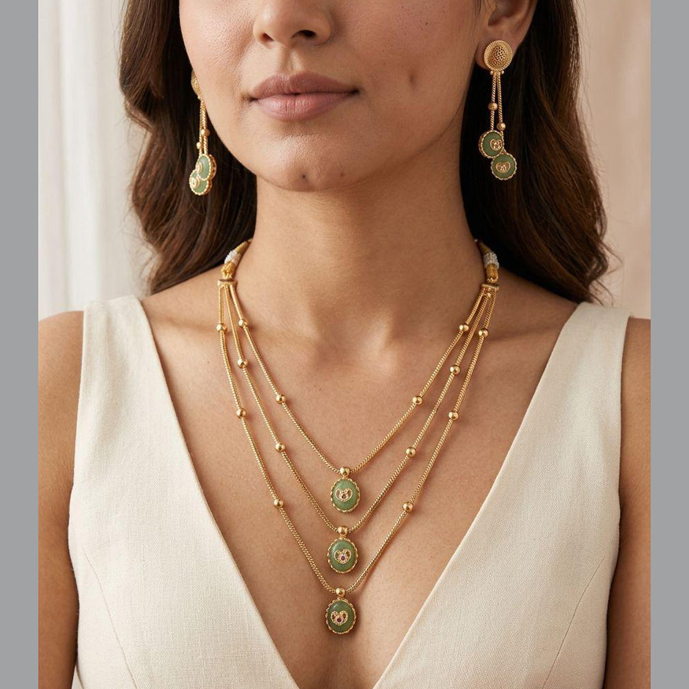 Jewel Addiction Ethnic Pota Stone And Pearl Triple Layer Necklace Set