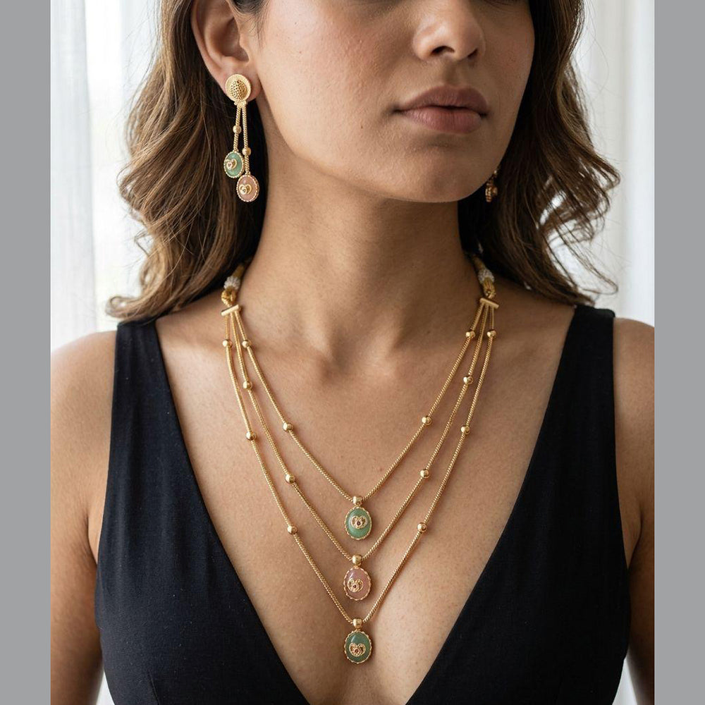 Jewel Addiction Ethnic Pota Stone And Pearl Triple Layer Necklace Set