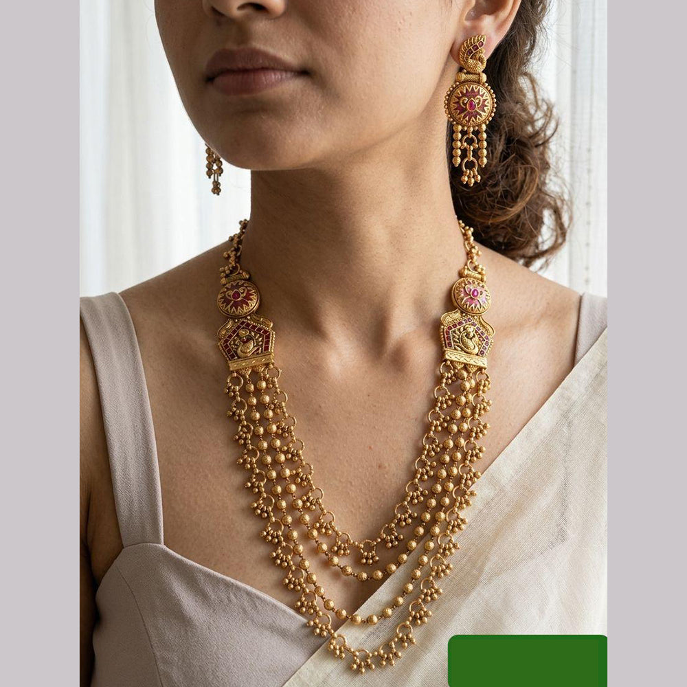 Jewel Addiction Ethnic Pota Stone And Pearl Long Necklace Set