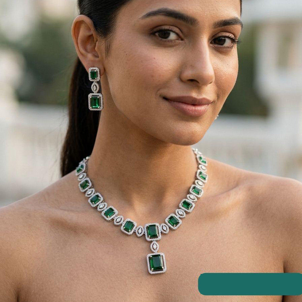 Jewel Addiction Rhodium Plated Classic American Diamond Necklace Set