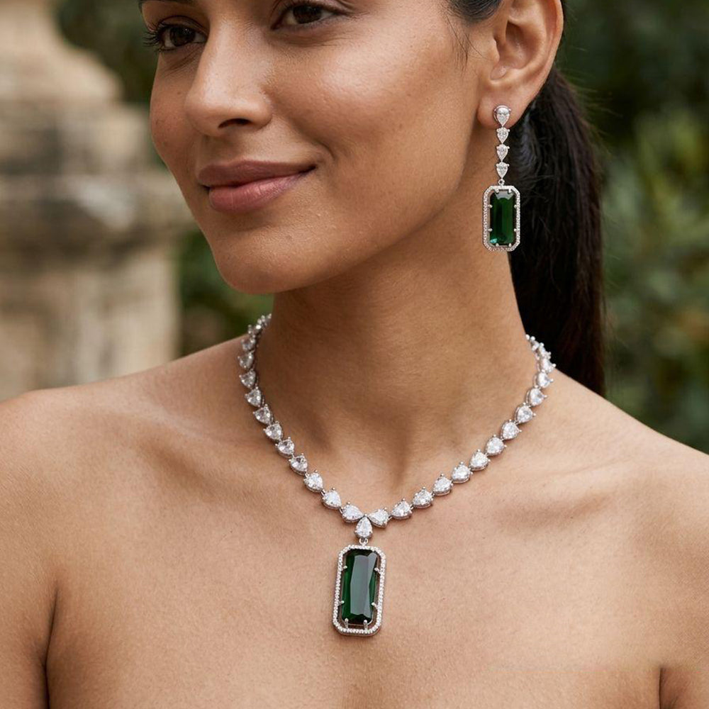 Jewel Addiction Rhodium Plated Classic American Diamond Necklace Set