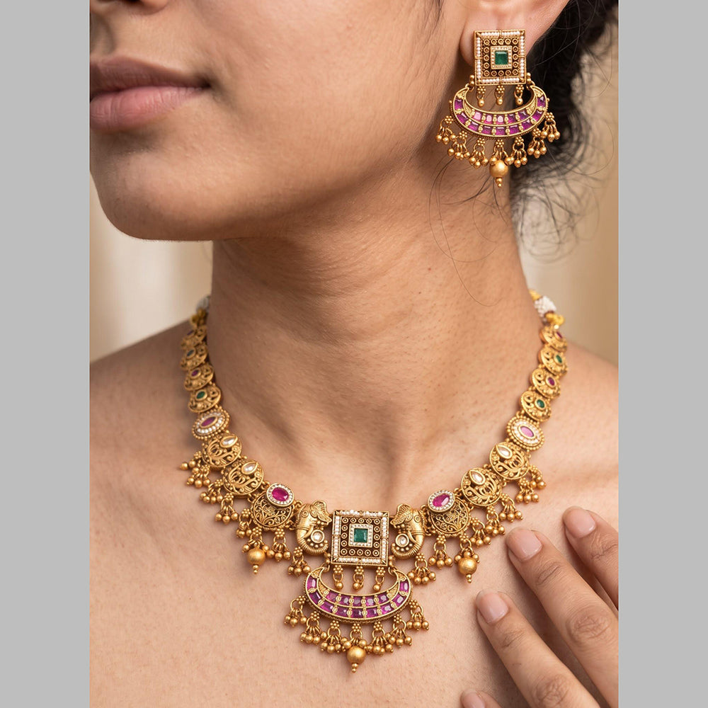 Jewel Addiction Gold Plated Traditional Pota Stone Elephant  Necklace Set