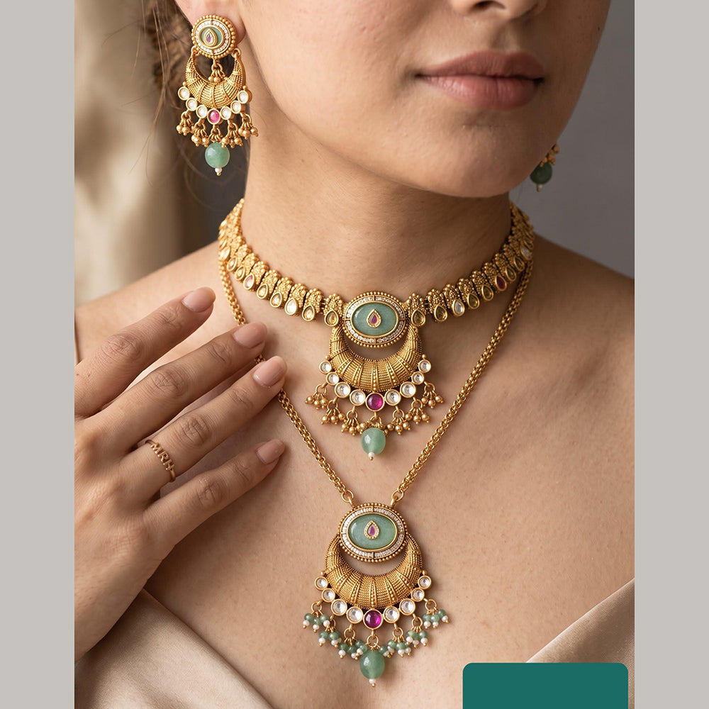 Jewel Addiction Gold Plated Traditional Pota Kundan Stone Double Necklace Set
