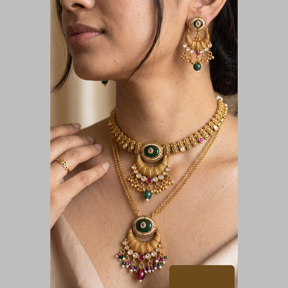 Jewel Addiction Gold Plated Traditional Pota Kundan Stone Double Necklace Set
