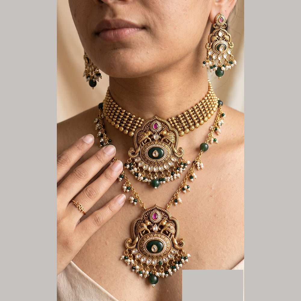 Jewel Addiction Gold Plated Traditional Pota Kundan Stone Double Necklace Set