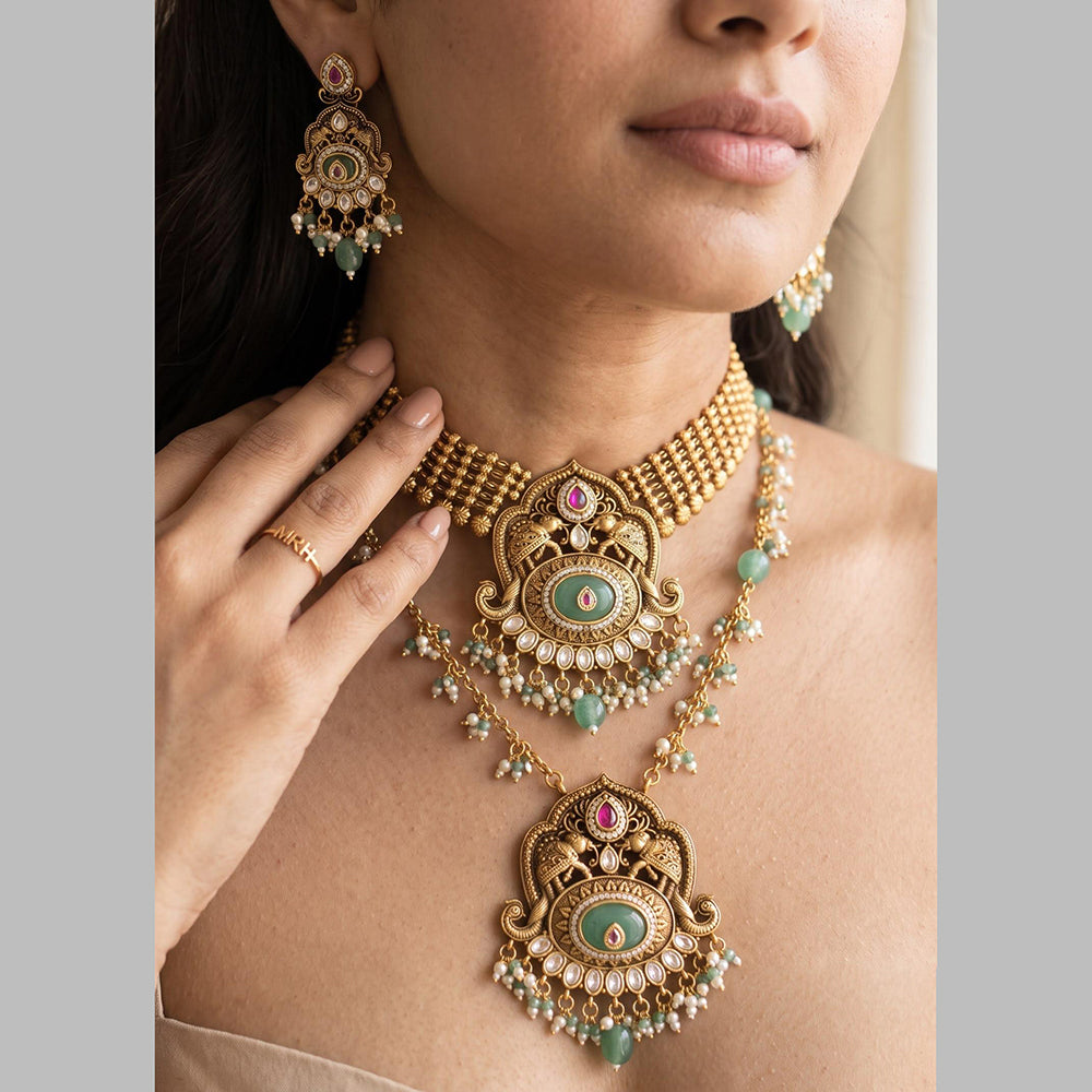 Jewel Addiction Gold Plated Traditional Pota Kundan Stone Double Necklace Set