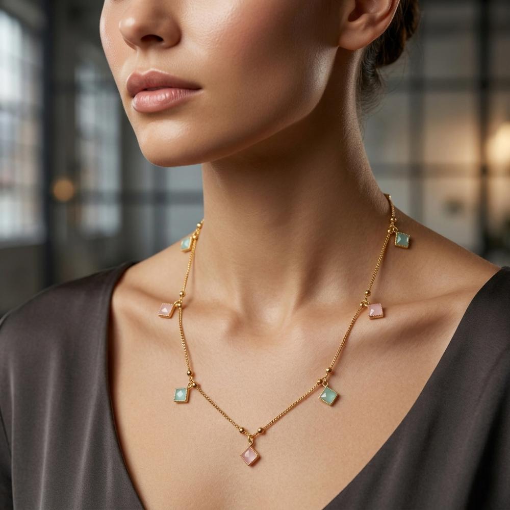 Urthn  Minimal Gold Chain Necklace with Crystal Drop Charms (Set of 3)