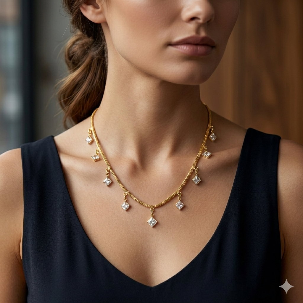 Urthn Minimal Gold Chain Necklace with Crystal Drop Charms(Pack of 3)