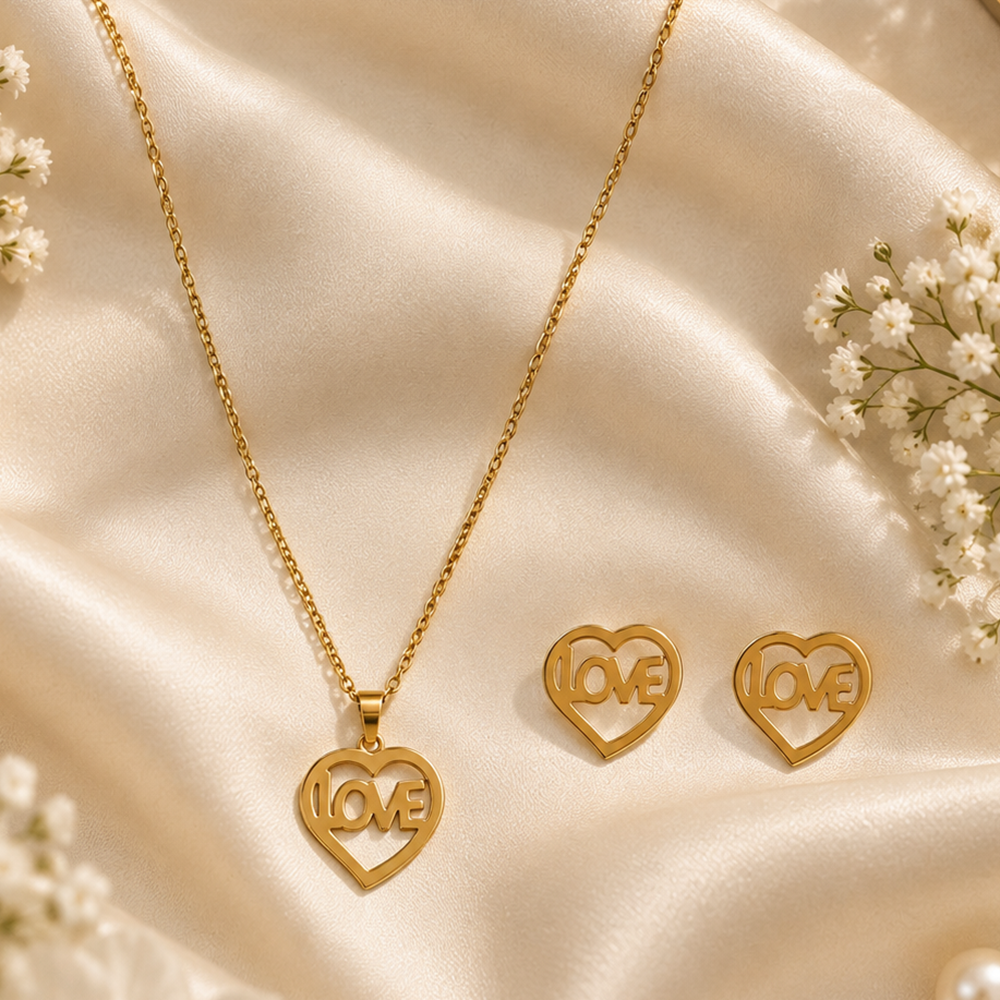 Urthn Minimal Anti Tarnish Love Pendant Chain Necklace & Earrings Set for Women