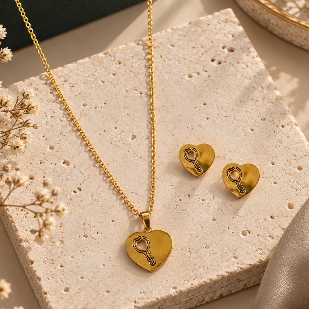 Urthn Beautiful Anti Tarnish Heart and Key Pendant Necklace with Matching Earrings for  Party Wear