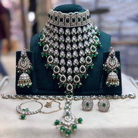 JCM Gold Plated Kundan Stone And Pearls Semi Bridal Necklace Set