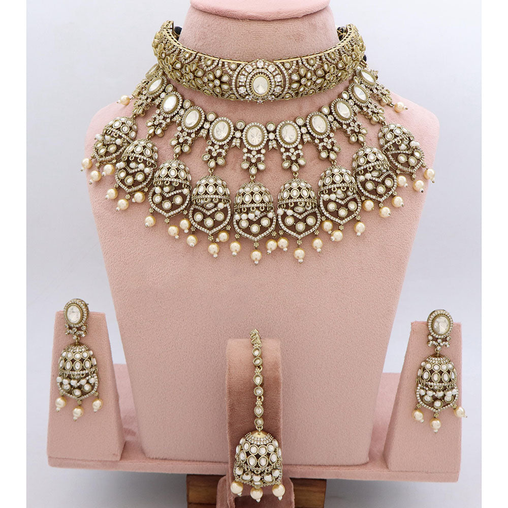 JCM Ethnic Polki Kundan Stone And Pearl Double Necklace Set