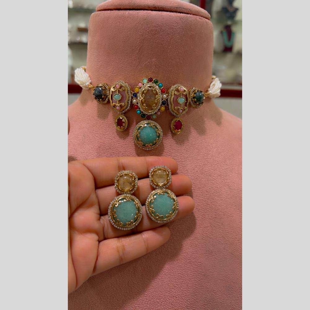 JCM Glam Multi Color Pota Stone And Pearl Choker Necklace Set