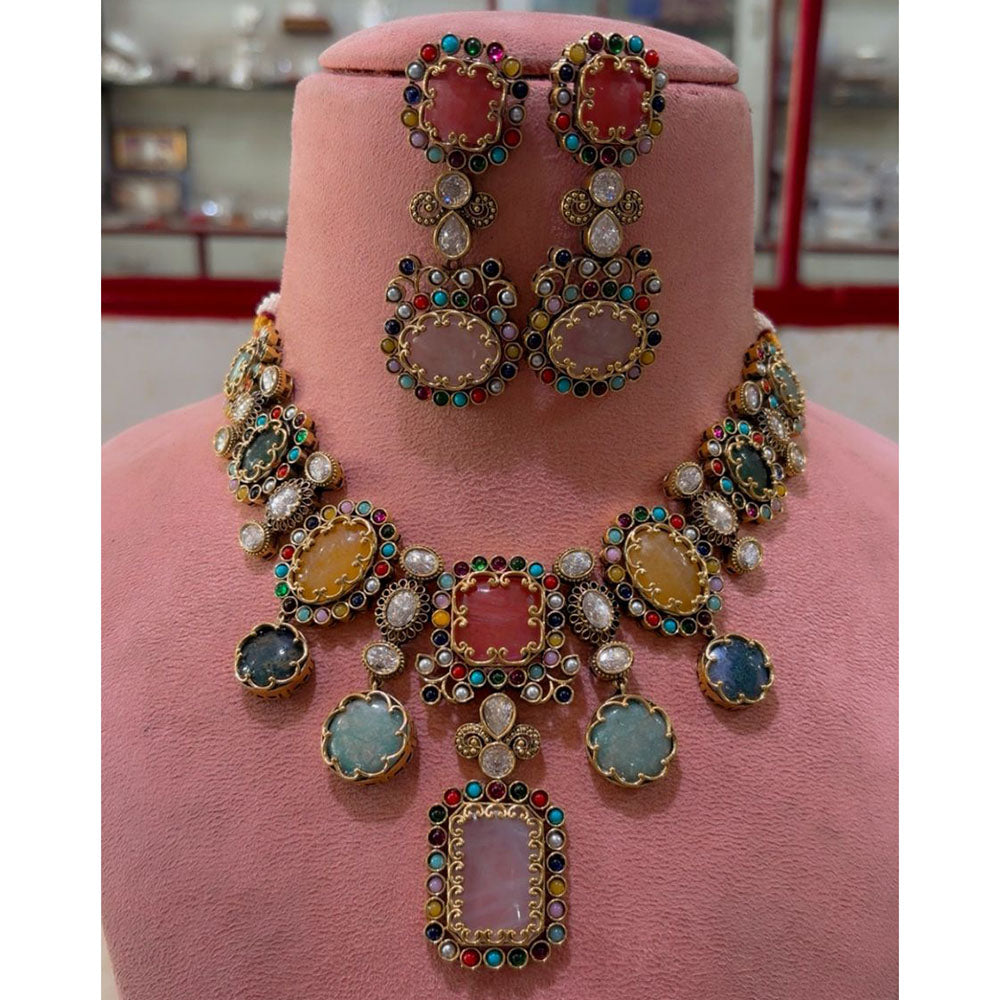 JCM Heritage Multi Color Pota Stone And Austrian Stone Necklace Set