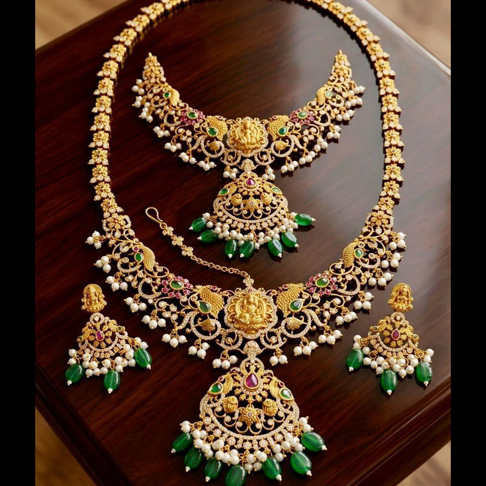 JCM Ethnic Style Pota Stone Pearl And Beads Double Temple Necklace Set