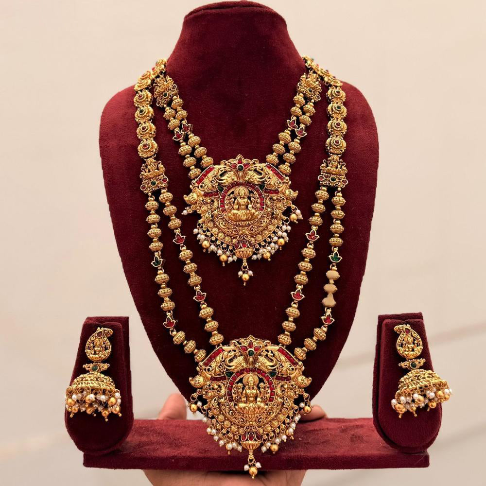 JCM South Indian Touch Pota Stone And Pearl Double Temple Necklace Set