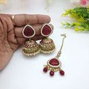 JCM Festive Pota Stone And Pearl Jhumki Earrings With Maangtikka