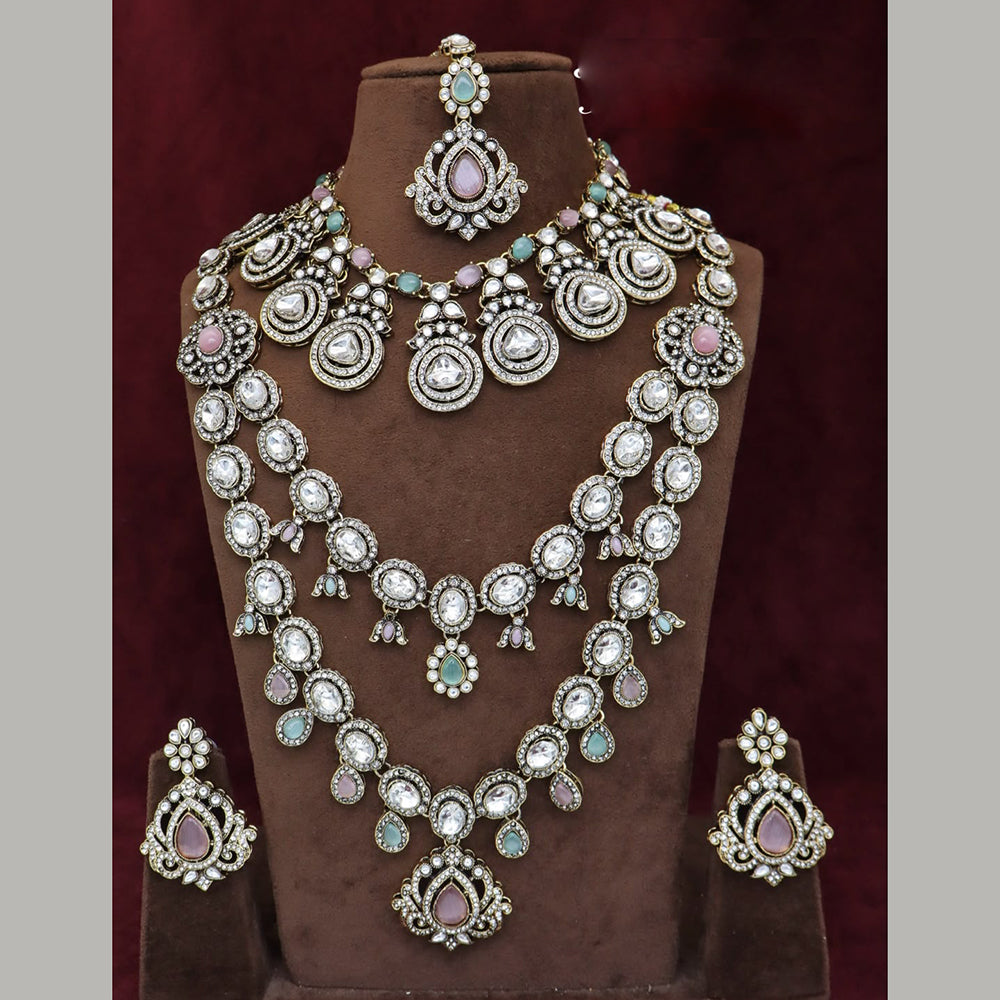 JCM Exquisite Pota Stone And Kundan Stone Double Necklace Set